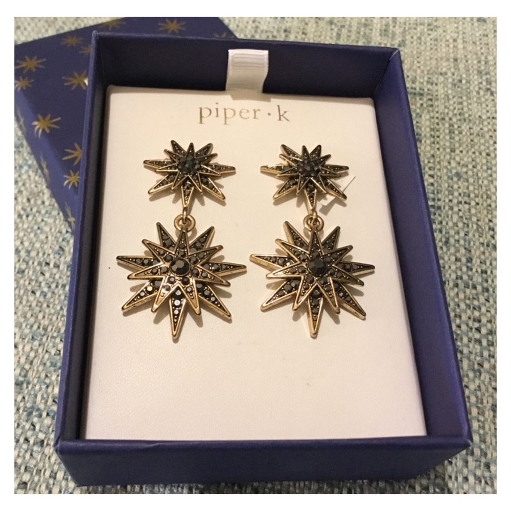 New! PIPER-K Antique Gold Black Rhinestone Studded Earrings in Box